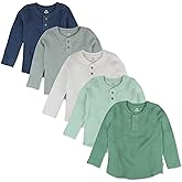 HonestBaby Boys' Baby Toddler & Kid Waffle Henley 100% Organic Long Sleeve Shirts (5-Pack)