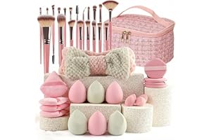 Makeup Brush Set, 40pcs Professional Travel Makeup Brush Set with Pink Tweed Travel Makeup Bag, Soft Sponges Powder Puffs Bea