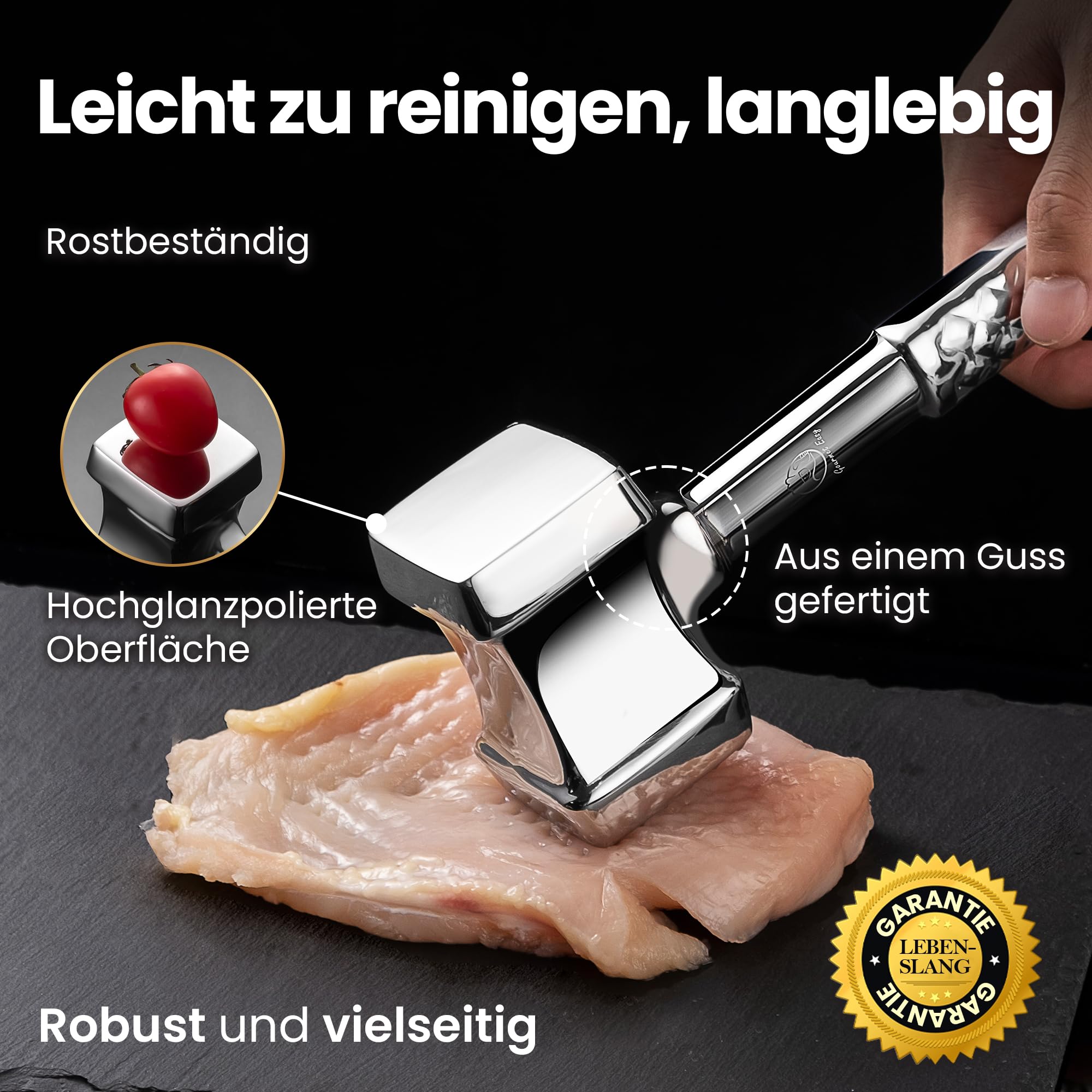 Fleischklopfer Edelstahl spülmaschinenfest - Original Design - Doppelseitiger Schnitzelklopfer ideal für Schnitzel, Koteletts, Steaks - Fleischhammer mit lebenslanger Garantie 4