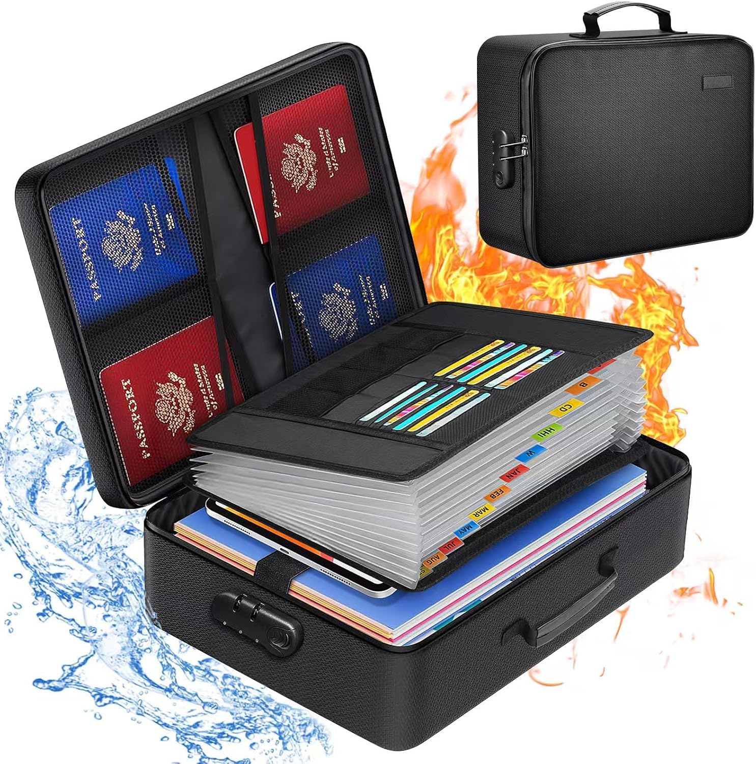 Sonhomay Fireproof Document Box Large Capacity 3-Layer Fireproof Document Bag Water Resistant Document Organizer Box with Lock for Passports, Certificates, Files and Valuables