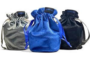 Luck Lab Velvet Drawstring Dice Bag - Set of Three Colors - Dungeons and Dragons Fabric/Standing Cotton Fabric Dice Bags/D&D Dice Pouch/Small Pouch/Velvet Jewelry Bag (Blue, Black, Grey)