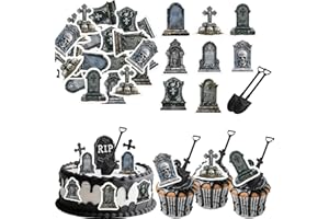 Fyeoxle 75PCS Edible Tombstones Cupcake Toppers Wafer Paper Halloween RIP Graveyard Cupcake Toppers with Novelty Mini Shovel Spoons for Halloween Eve Theme Party Birthday Decor Supplies