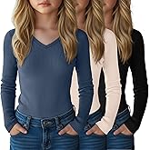 LessonZoo 3 Pack Girls Long Sleeve Cotton Shirts Ribbed Knit Layering Tops Slim Fit V Neck Basic Undershirts