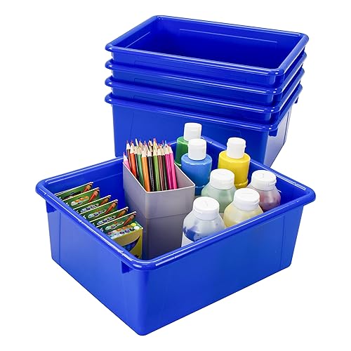 Storex Letter Size Deep Storage Tray – Organizer Bin for Classroom, Office and Home, Blue, 5-Pack (62524A05C), 10 x 13 x 5 Inches