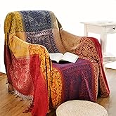 Boho Throw Blanket, Chenille Jacquard Tassels Throw Blankets for Bed Couch Soft Chair， Bohemian Fringe Tassels (Red, S:60x75