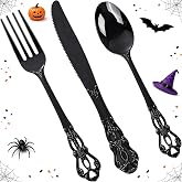 Joyido 150PCS Black Plastic Silverware Set Elegant for Halloween & Wedding | Vintage Baroque Utensils Sets, 50Forks, 50Spoons, and 50Knives, Heavy-Duty and Sturdy, for Upscale Catering, Festive Events