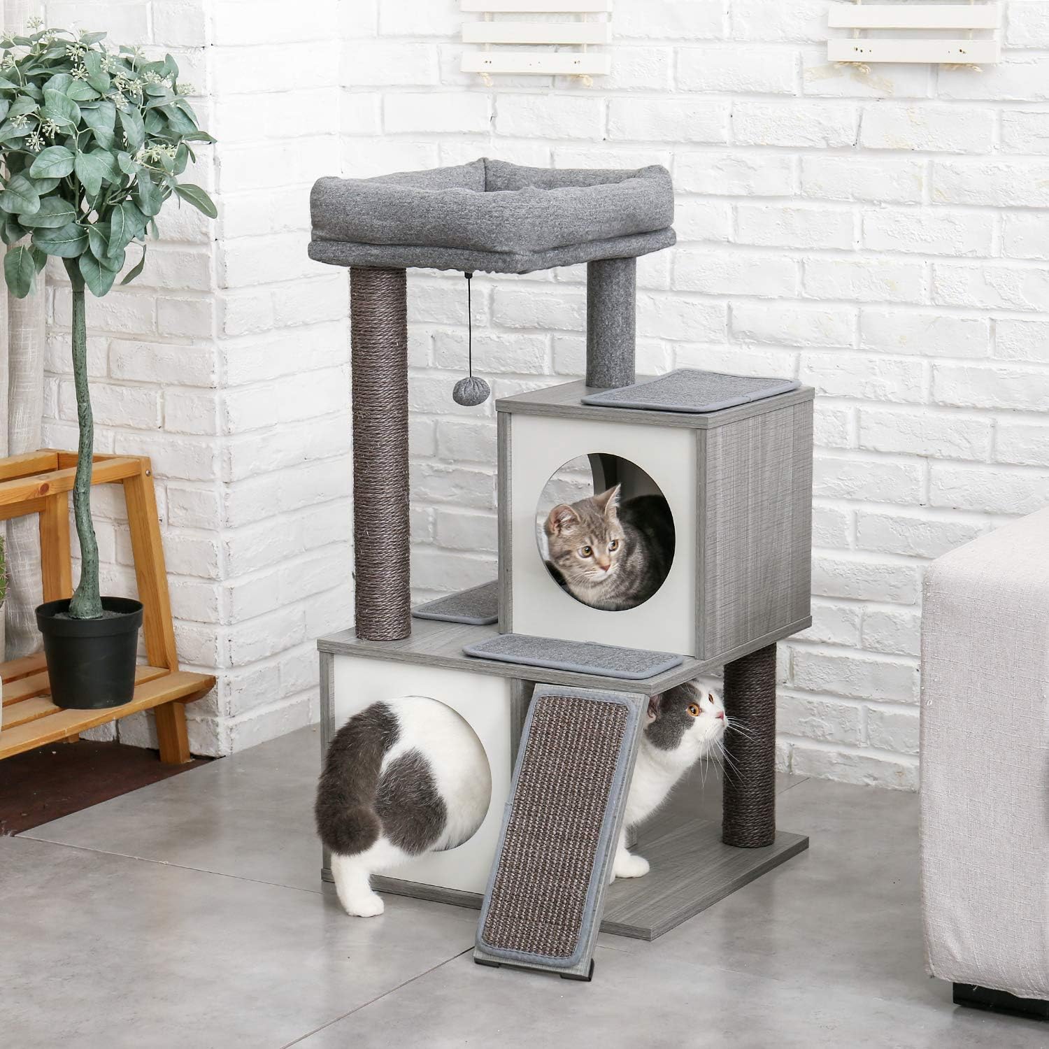PAWZ Road Cat Tree Luxury Cat Tower with Double Condos, Spacious Perch, Fully Wrapped Scratching Sisal Posts and Replaceable Dangling Balls- Wooden Grey : Pet Supplies