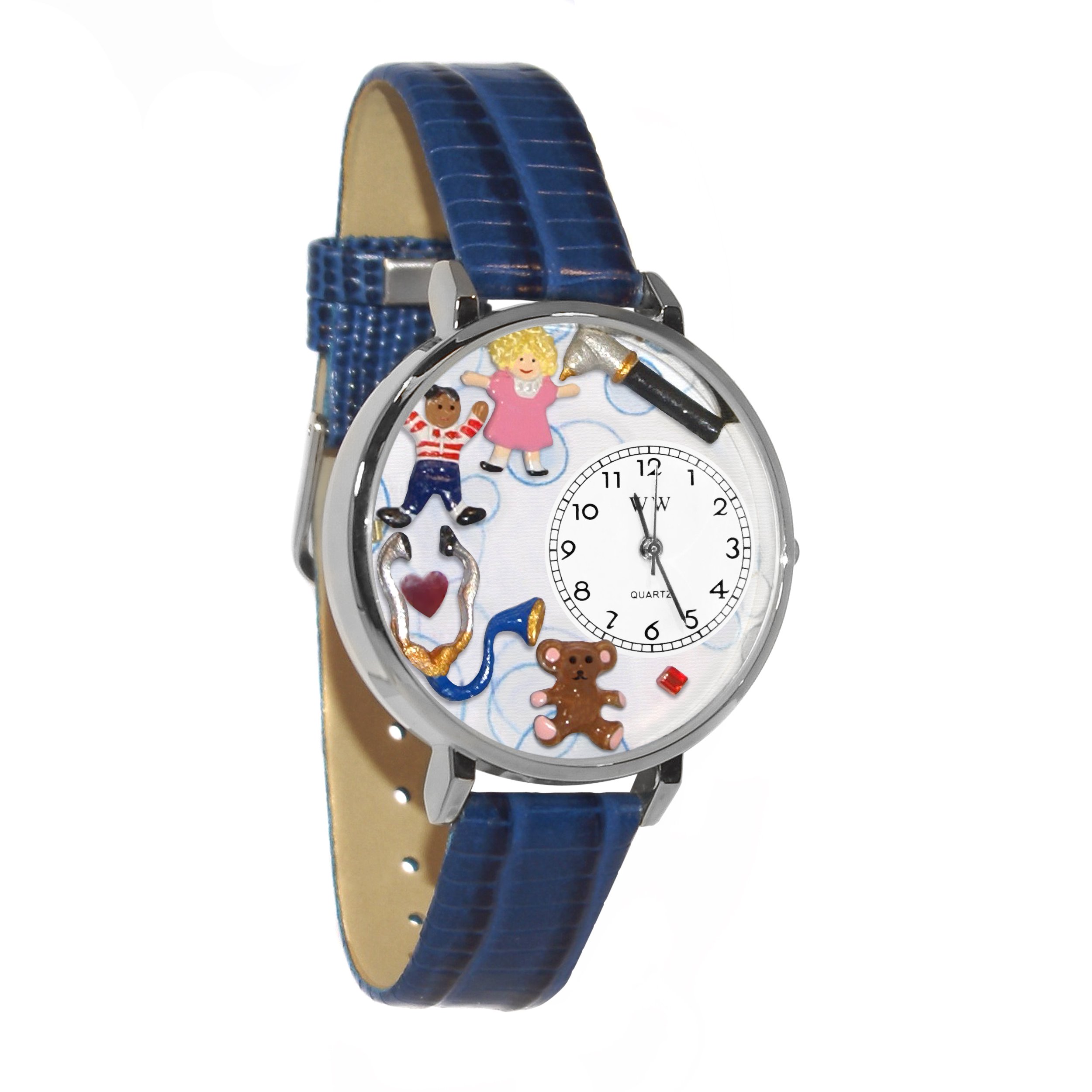 Whimsical Watches Pediatrician Royal Blue Leather and Silvertone Unisex Quartz Watch with White Dial Analogue Display and Multicolour Leather Strap U-0620006