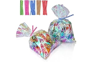Cherodada Cellophane Treat Bags, 6x9 Inch Iridescent Cellophane Bags with Twist Ties, Celebrations Baby Showers Weddings Birthday Party Gift Wrapping(Pack of 100)