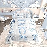 Feelyou Bowknot Comforter Set Twin Size Watercolor Bow Comforter for Boys Girls Teens Cartoon Bowknot Bedding Set Dreamy Princess Style Duvet Set Sky Blue Quilt Set