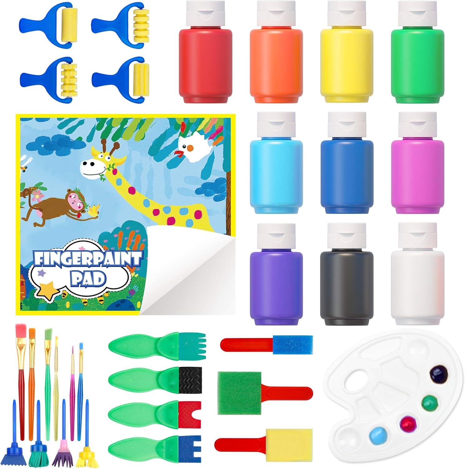 Washable Finger Paint Set, Shuttle Art 33 Pack Kids Paint Set with 10 Colors (60ml) Finger Paints Brushes, Finger Paint Pad SpongeBrushes Palette, Non Toxic for Toddlers Home Activity Early Education: Home Improvement