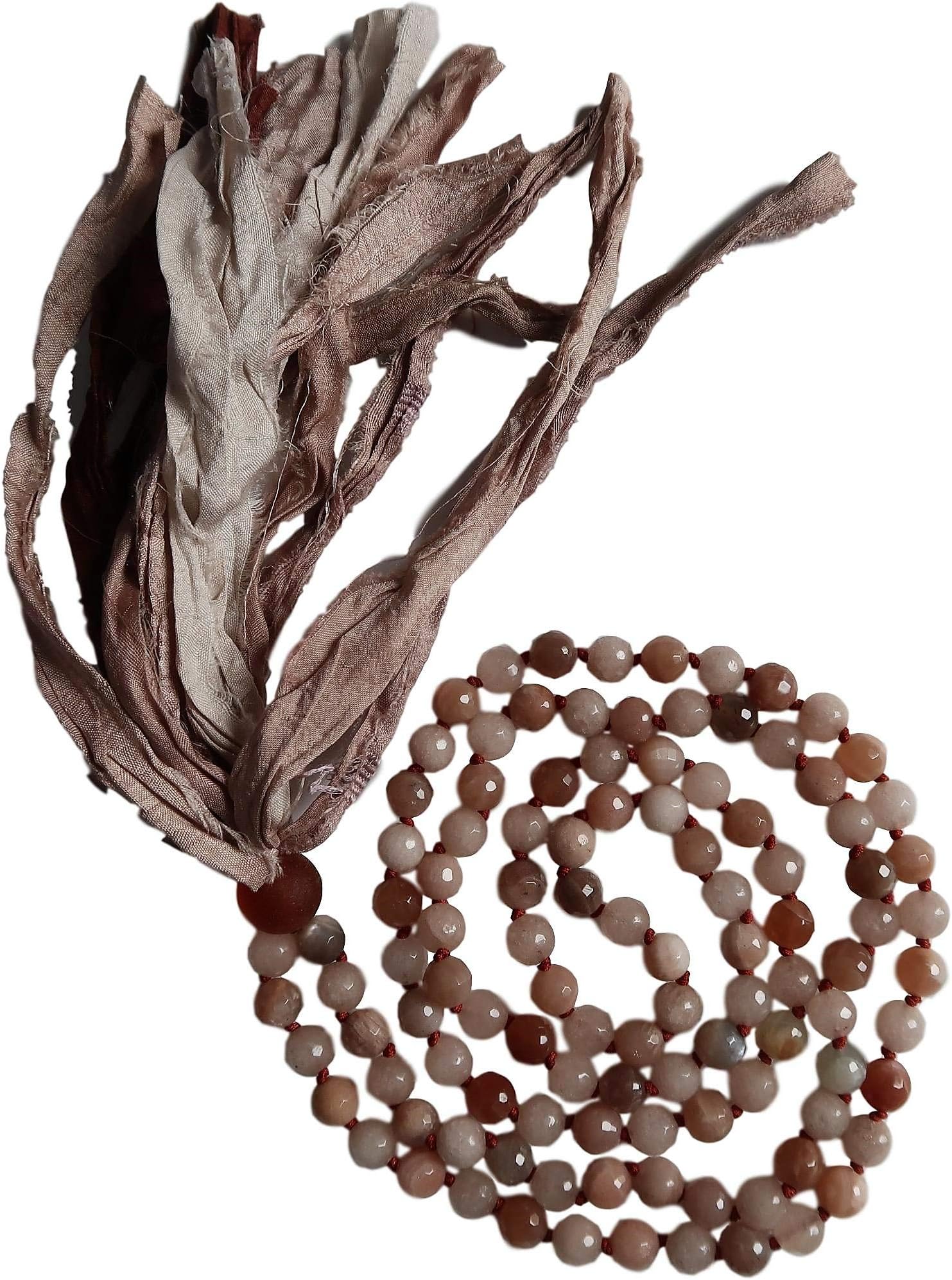 108 Mala Bead Necklace - 8mm Moonstone & Peach Moonstone - African Glass Bead - Sari Silk Tassel - Meditation, Mindfulness, Yoga - Intuition, Self-Love and Wholeness