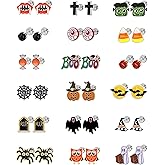 18 Pairs Hypoallergenic Halloween Flat Back Earrings for Women Girls Sensitive Ears Surgical Stainless Steel Spider Witchy Ghost Pumpkin Screw Back Stud Earrings Halloween Jewelry Gifts