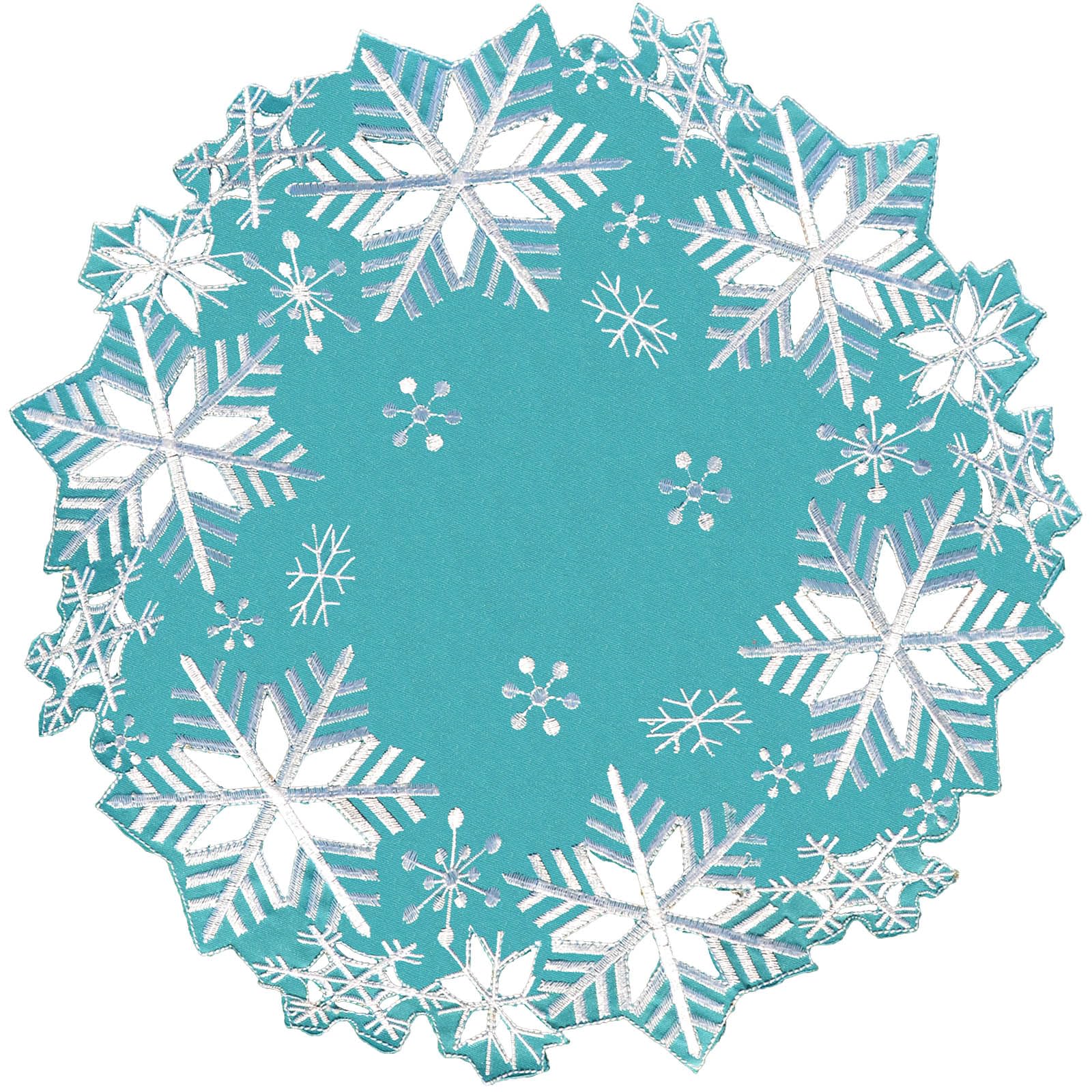 Simhomsen Set of 4 Embroidered Snowflakes Round Doily, Place-mats Round 15 inches for Christmas Holiday and Winter, Dining Table Centerpieces (Teal)