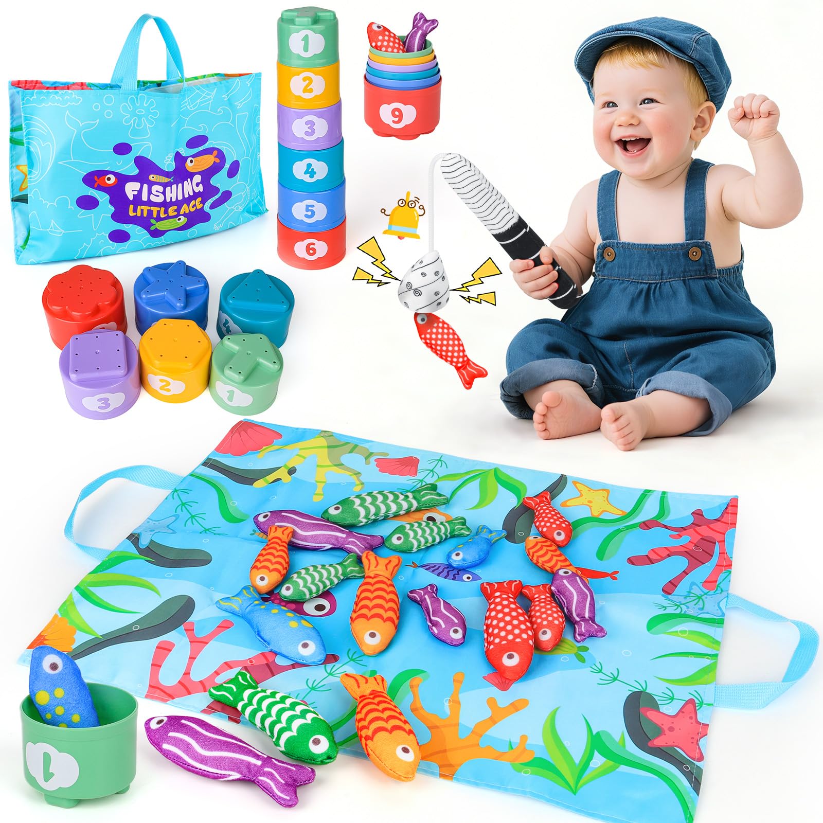 Montessori Toys for 1 Year Old, Fishing Game for Baby with Stacking Cups & 2 in 1 Storage Mat Bag, Educational Colour Sorting Toys for Toddlers, Birthday Gifts for Boy & Girl Aged 1 2 3 Year Old