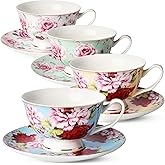 BTaT- Floral Tea Cups and Saucers Set of 4 (7 oz), Porcelain Tea Cup Sets, Assorted Colors with Gold Trim & Gift Box, Dishwasher & Freezer Safe