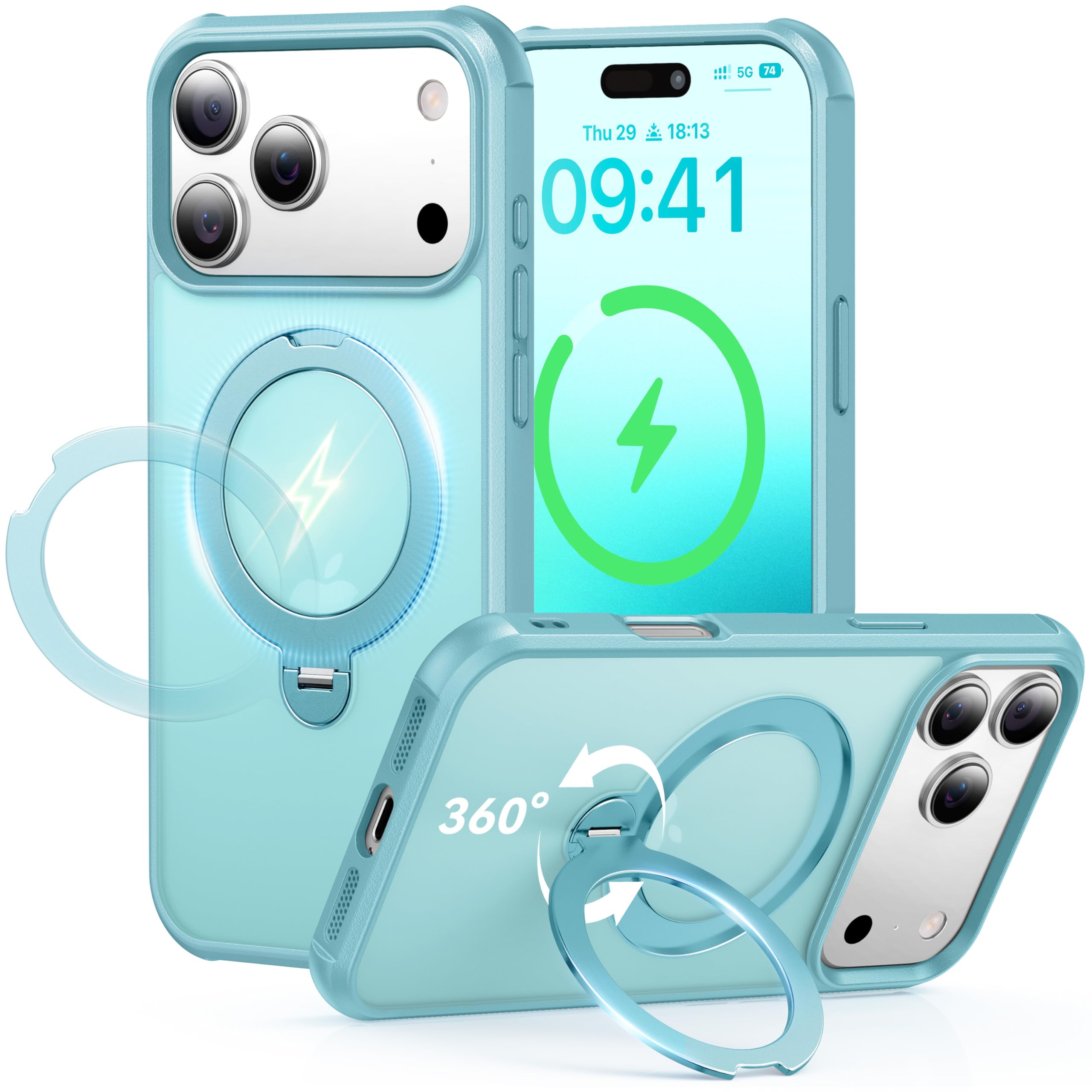 Peerock 360 Spin Magnetic Stand (Pro-Version) for iPhone 17 Pro Max Case (Compatible with MagSafe) [Military Drop Protection] Matte Translucent Shockproof Protective Phone Case 6.9'', Lake Blue