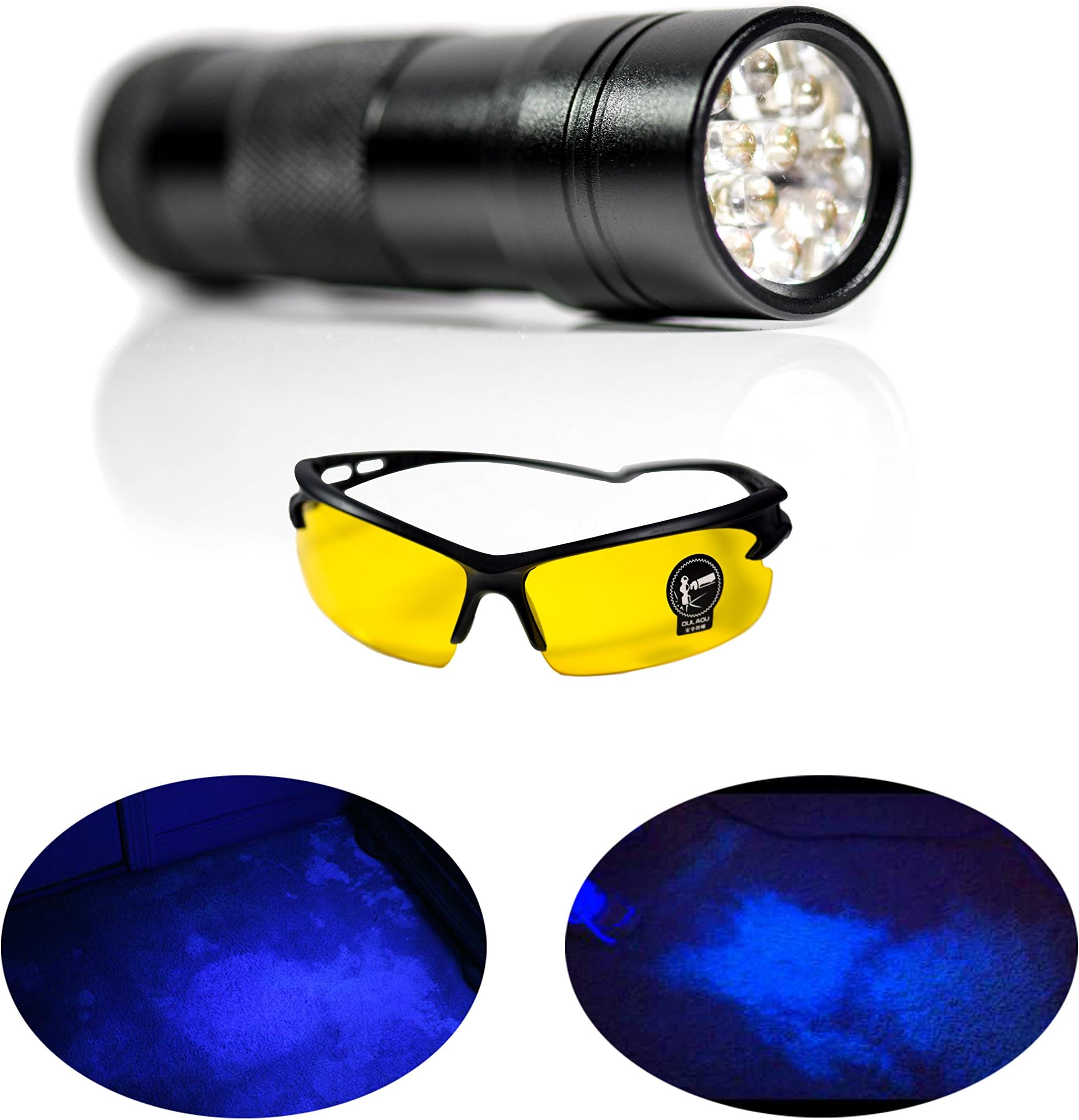 Ultraviolet 12 Led Pets Urine and Stains Detector Flashlight & 3x AAA Batteries UV GLASSES Blacklight Find Dog, Cat & Other Pet stain, Carpets, Car Rugs, Sheets, Sofa, Cabinets & More