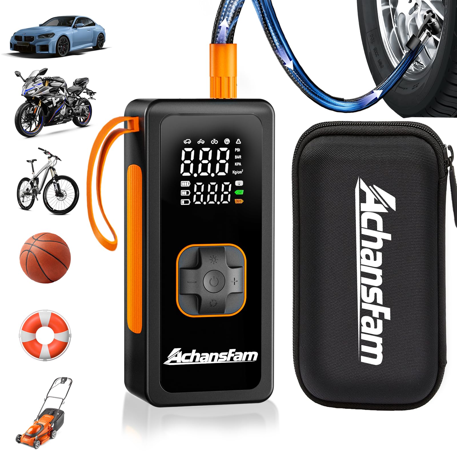 Photo 1 of AchansFam P9 Tire Inflator Portable Air Compressor, 150 PSI Cordless Bike Pump, Air Pump with LED Light Digital Pressure Gauge, Auto Shut-Off, for Car, Motorcycle, Bicycle, Balls, Car Accessories