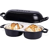 Dutch Oven for Sourdough Bread Baking – Enamelled Cast Iron Bread Loaf Pot – 500°F Oven Safe Non Stick Bread Pot – Double Round Loaf Space, 16.5cm Diameter, Black, – by Nuovva