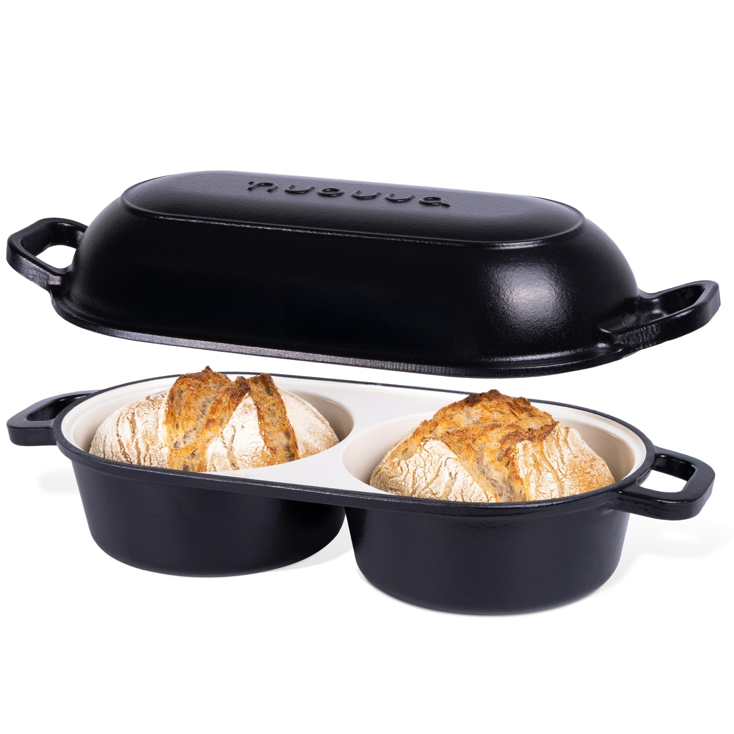 Photo 1 of Dutch Oven for Sourdough Bread Baking – Enamelled Cast Iron Bread Loaf Pot – 500°F Oven Safe Non Stick Bread Pot – Double Round Loaf Space, 16.5cm Diameter, Black, – by Nuovva