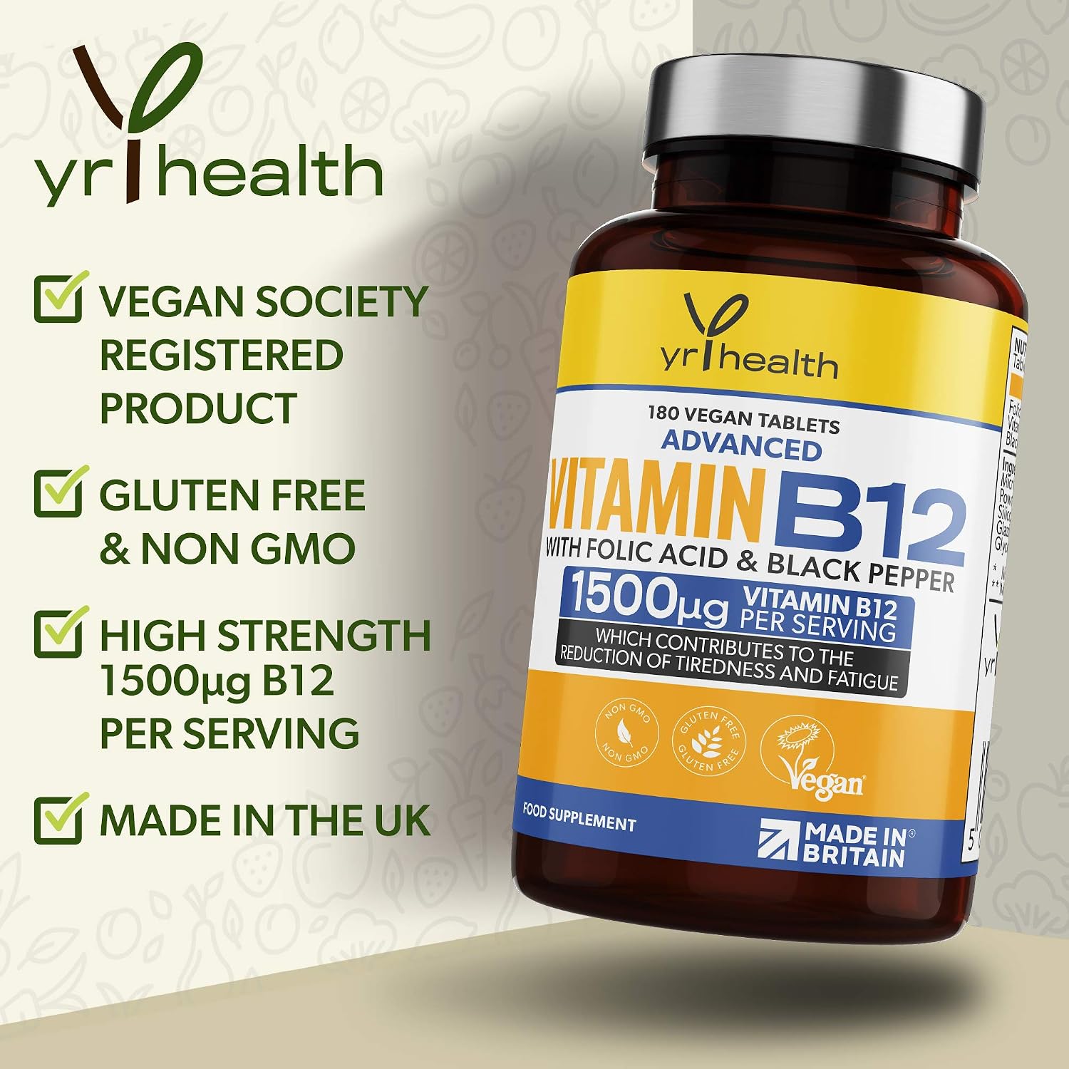 Vegan Vitamin B12 Tablets 1500mcg Methylcobalamin High Strength with Added Folic Acid & Black Pepper - Image 3