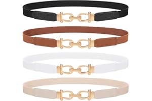 TRIWORKS 4 Pack Women Skinny Elastic Belts Gold Buckle Thin Stretchy Waist Belts for Dresses