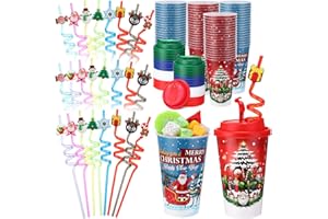 Maxcheck 24 Sets 16 oz Christmas Cups Birthday Party Favors with Colorful Lids and Straws for Birthday Decorations Rainbow Plastic Cups Reusable Plastic Straws for Party