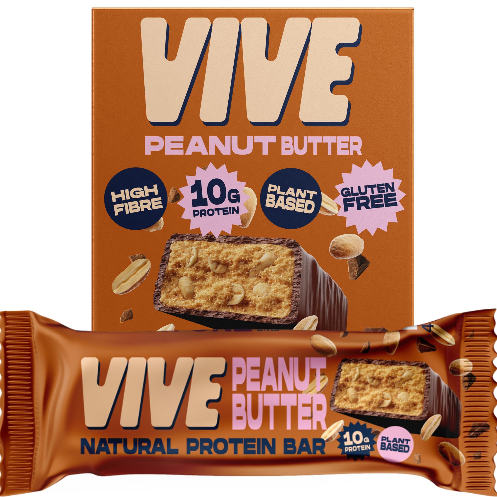 Vive Vegan Protein Peanut Butter Bar - 100% Plant Based High Protein - Natural Sugar Chocolate Coated Snack - Pack of 12