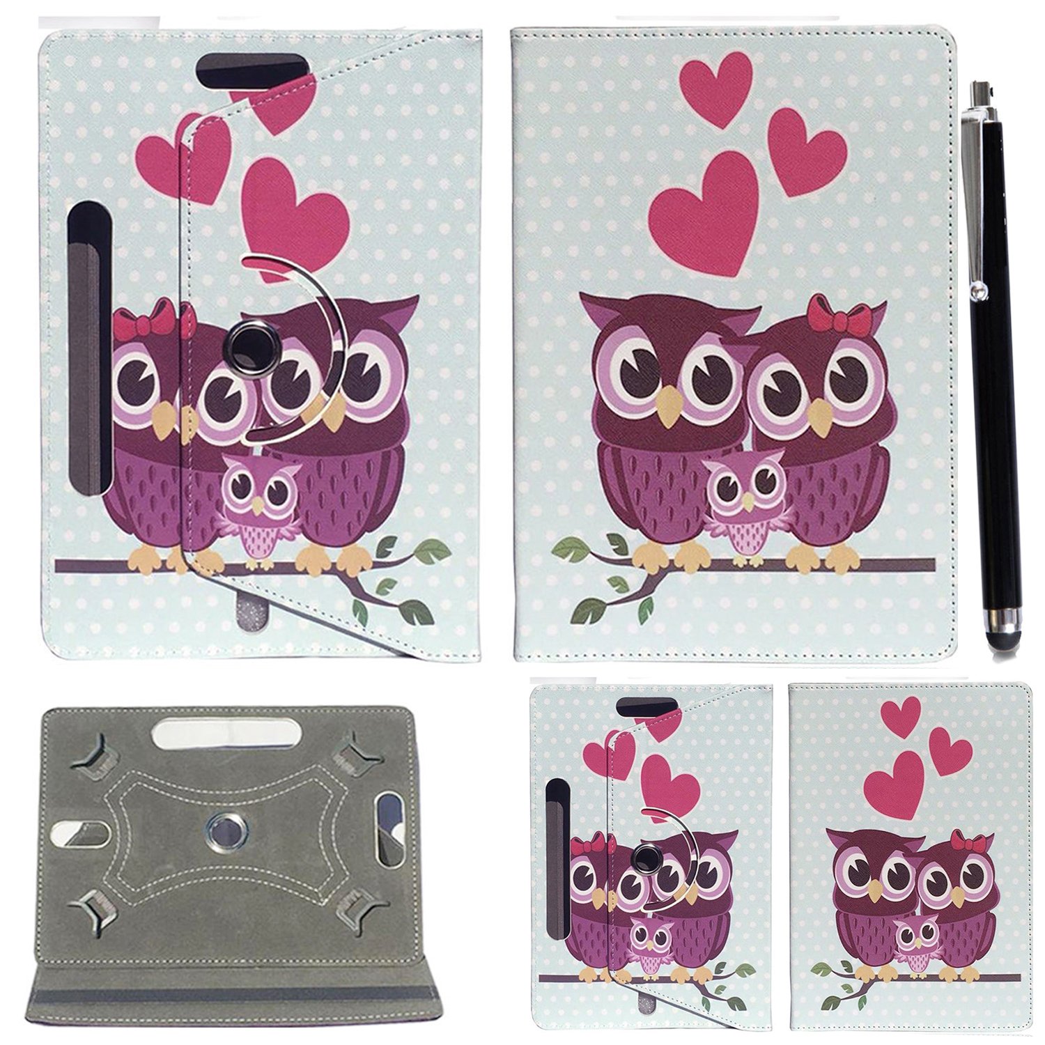 10inch Tablet Case Cover - Universal Leather Stand Case Folio Cover Magic Leather 360° Rotating Case Fits to ALL 10" Inch & 10.1" Inch Android Tablets tab + Stylus Pen (FAMILY OWL CASE COVER)
