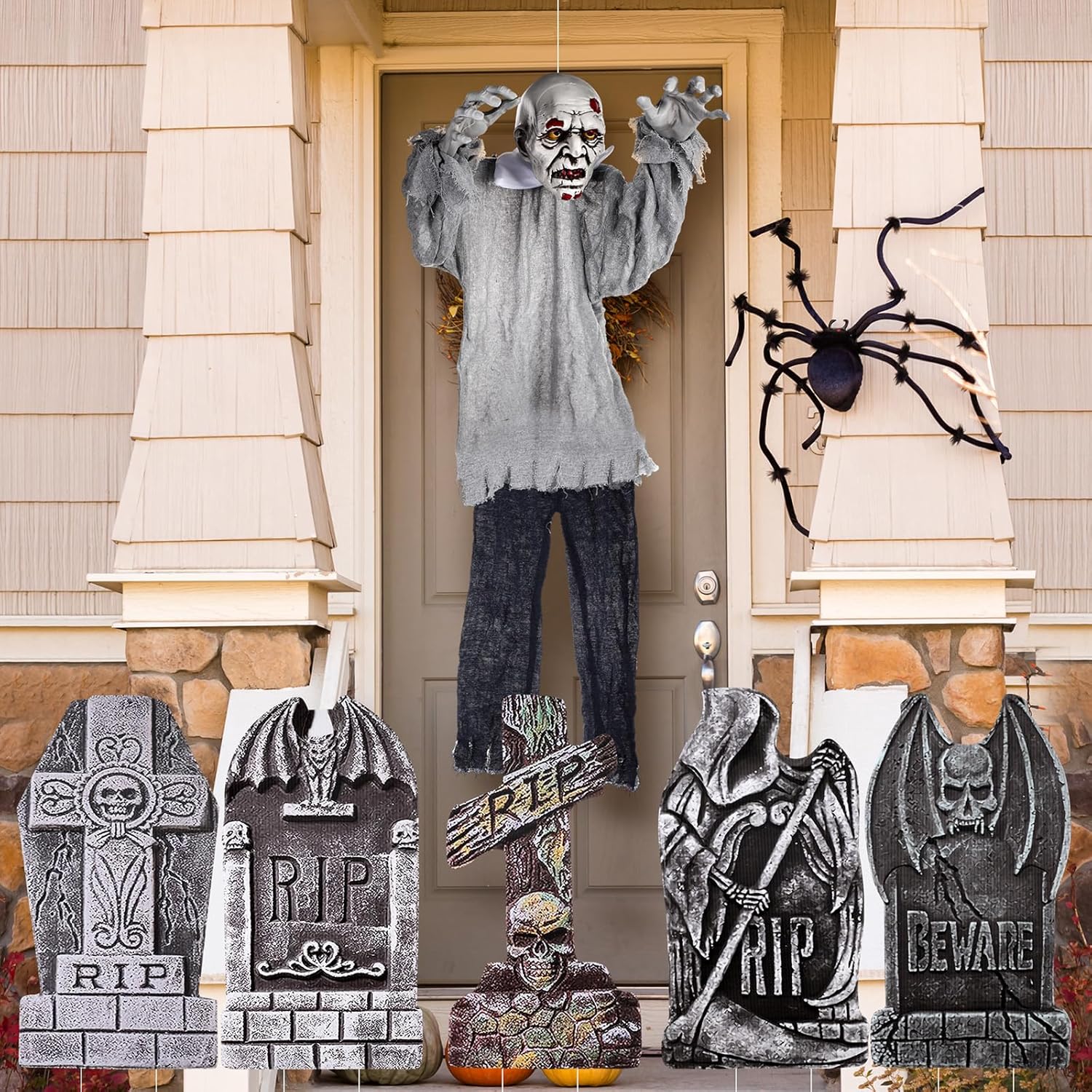 Decorative Garden Stakes - Soaoo Halloween Zombie Groundbreaker Decoration Set Include 1PCS Scary Skeleton Stake and 5 Pcs 17 Inch Halloween Foam RIP Graveyard Tombstones for Garden Lawn Yard Haunted House Prop Decor (White)