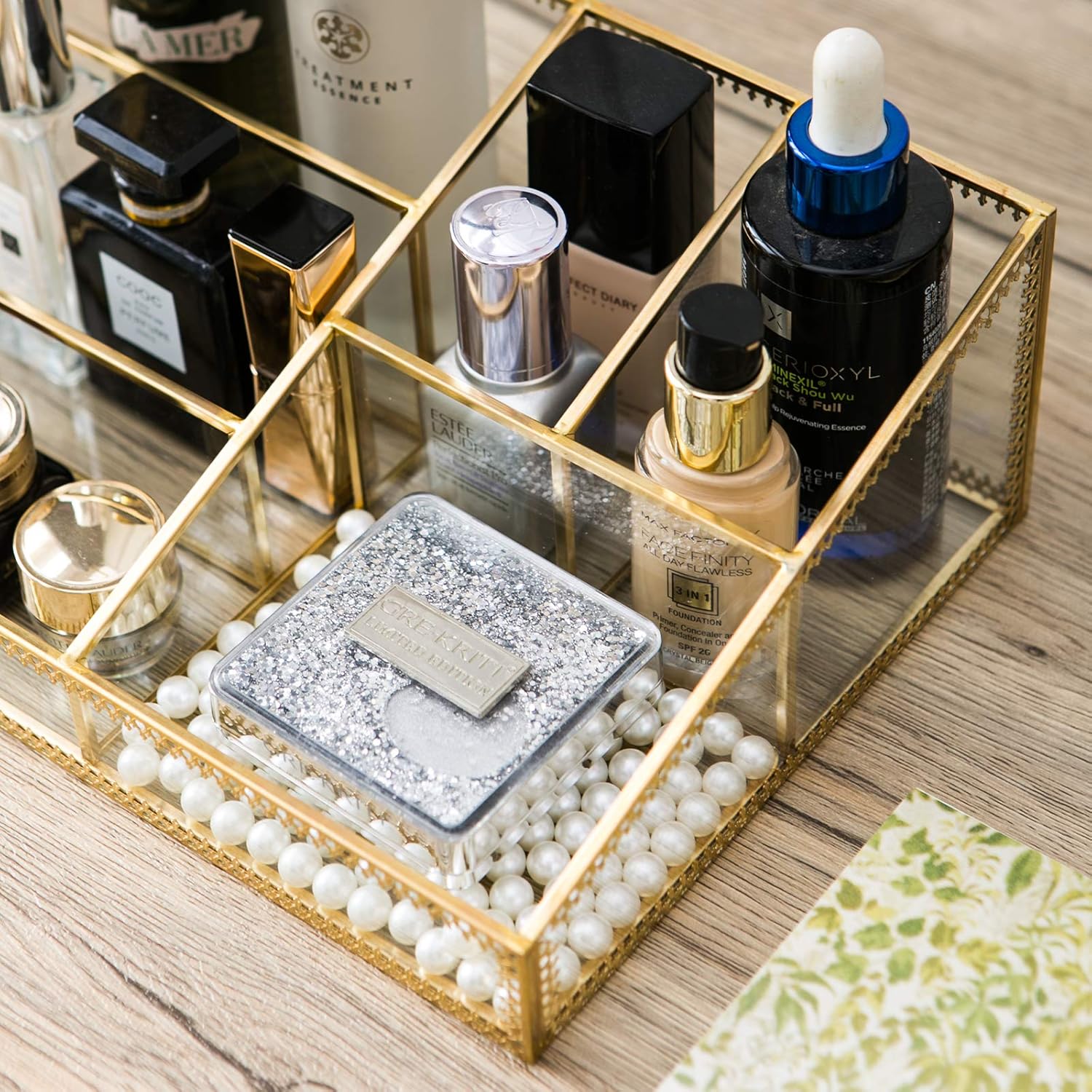 Smart Wyche Large Glass Makeup Organizer Gold Cosmetic Storage Display Case with 6 Compartments for Brushes Lipstick Perfume Concealers, Makeup Holder for Bedroom Bathroom, Easy Visibility - Metal: Home Improvement