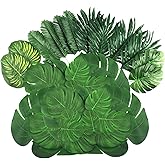 LOMIRO 108 Pieces 7 Kinds Artificial Tropical Leaf Jungle Leaves Plant Safari Leaves Decorations Fake Palm Leaf with Stems for Hawaiian Luau Party Table Beach Birthday Wedding Theme Party Decorations