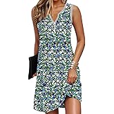 GUNEST Womens Summer Dresses Striped V Neck Sleeveless Buttons Casual Flowy Beach Vacation Mini Shift Sundress with Pockets