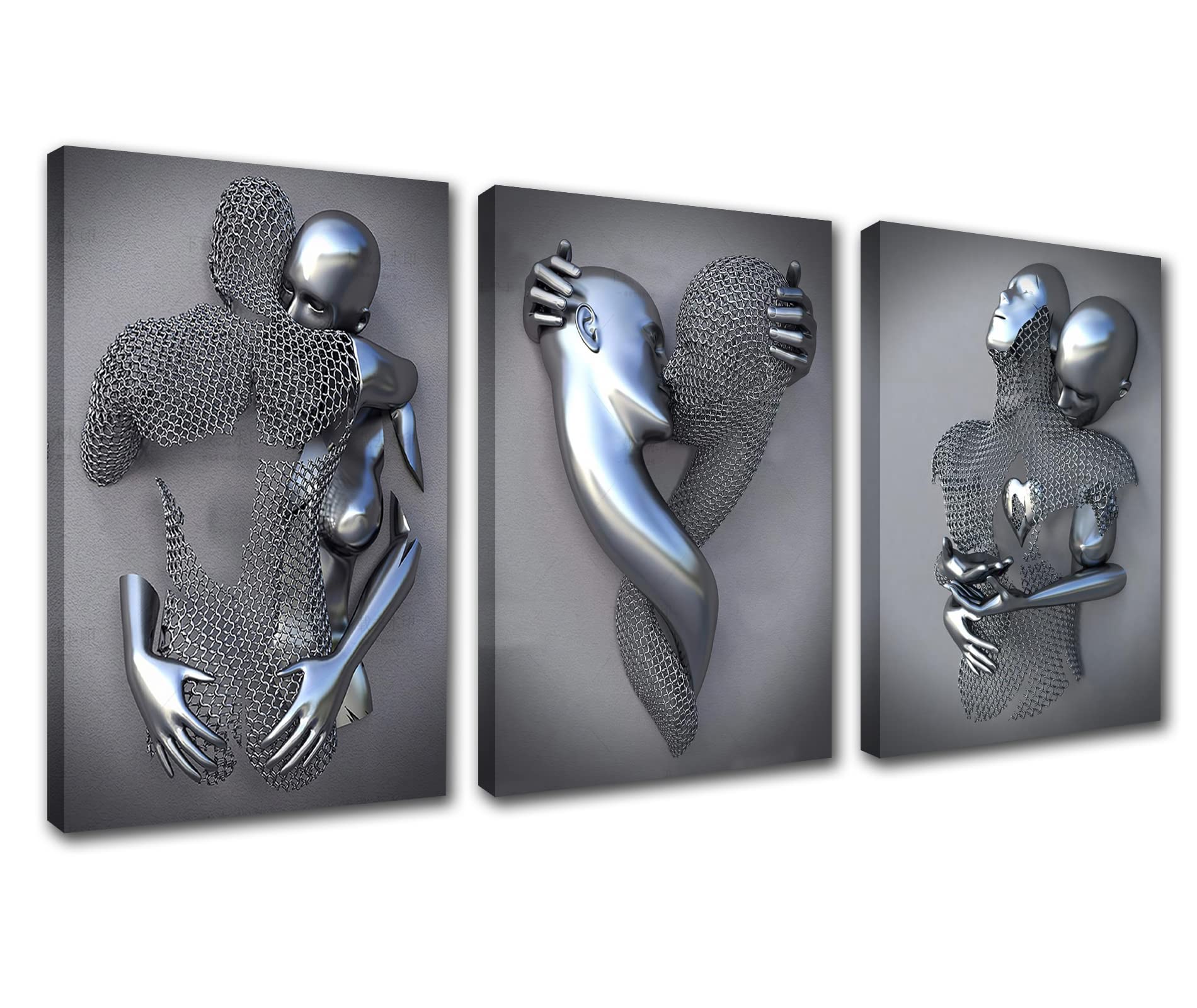 Metal Figure Statue Canvas Wall Art Couple Kiss Hug Painting 3 Pieces Modern Abstract Romance Artwork for Couple's Bedroom Decor with Framed Ready to Hang Posters and Prints 48''Wx24''H — image 1