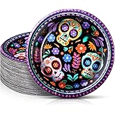 FillTouch 100 Pcs Dia De Los Muertos Paper Sugar Skull Plates 7 Inch Disposable Cake Dessert Dinner Plates for Halloween Day of The Dead Fiesta Party Decorations Supplies(Purple)