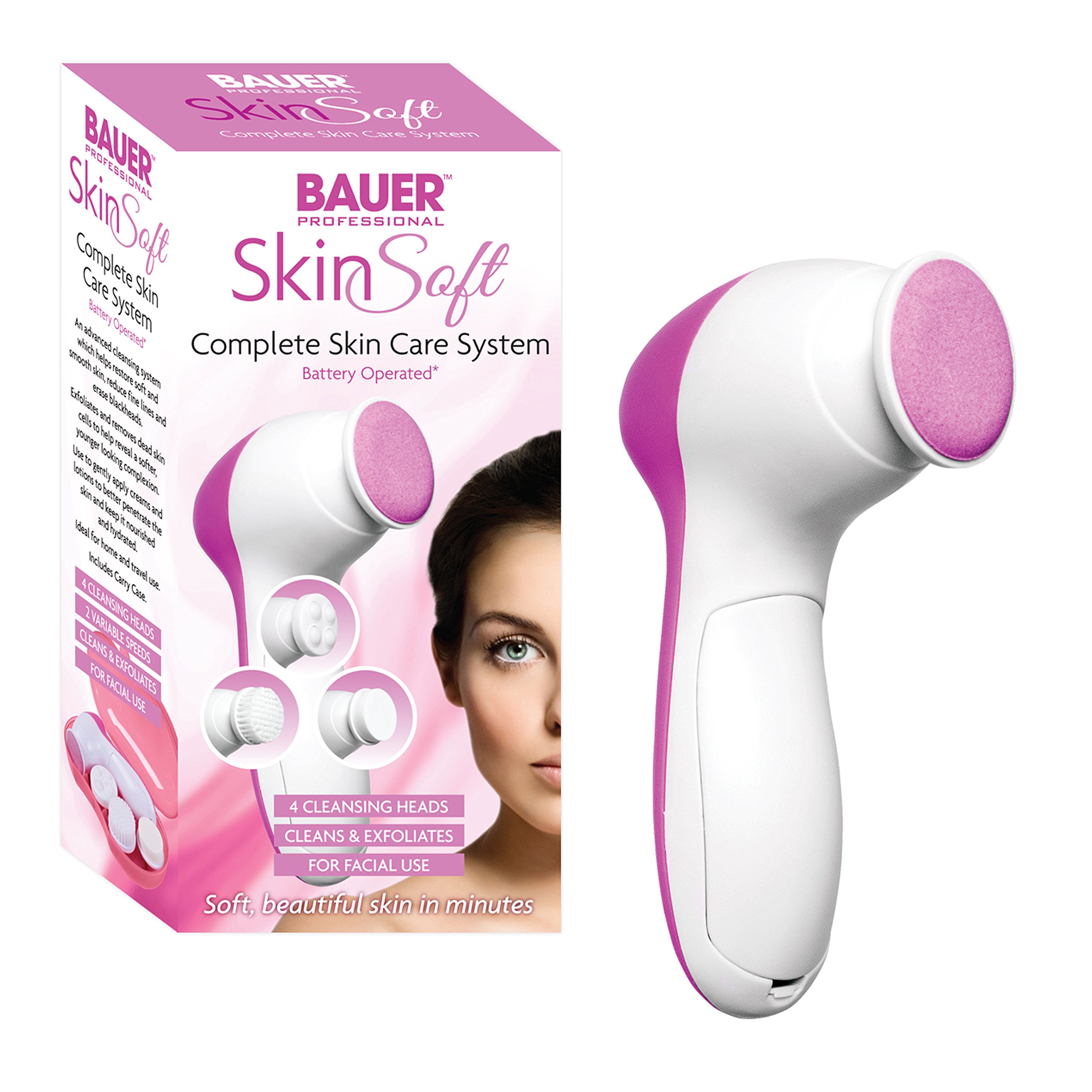Bauer Professional Complete Skin Care System / 4 Cleansing Heads to Clean & Exfoliate / 2 Variable Speeds/Battery Operated