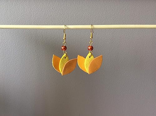 Boucles Doreilles Cuir Fleur De Lotus Mandarine Jaune