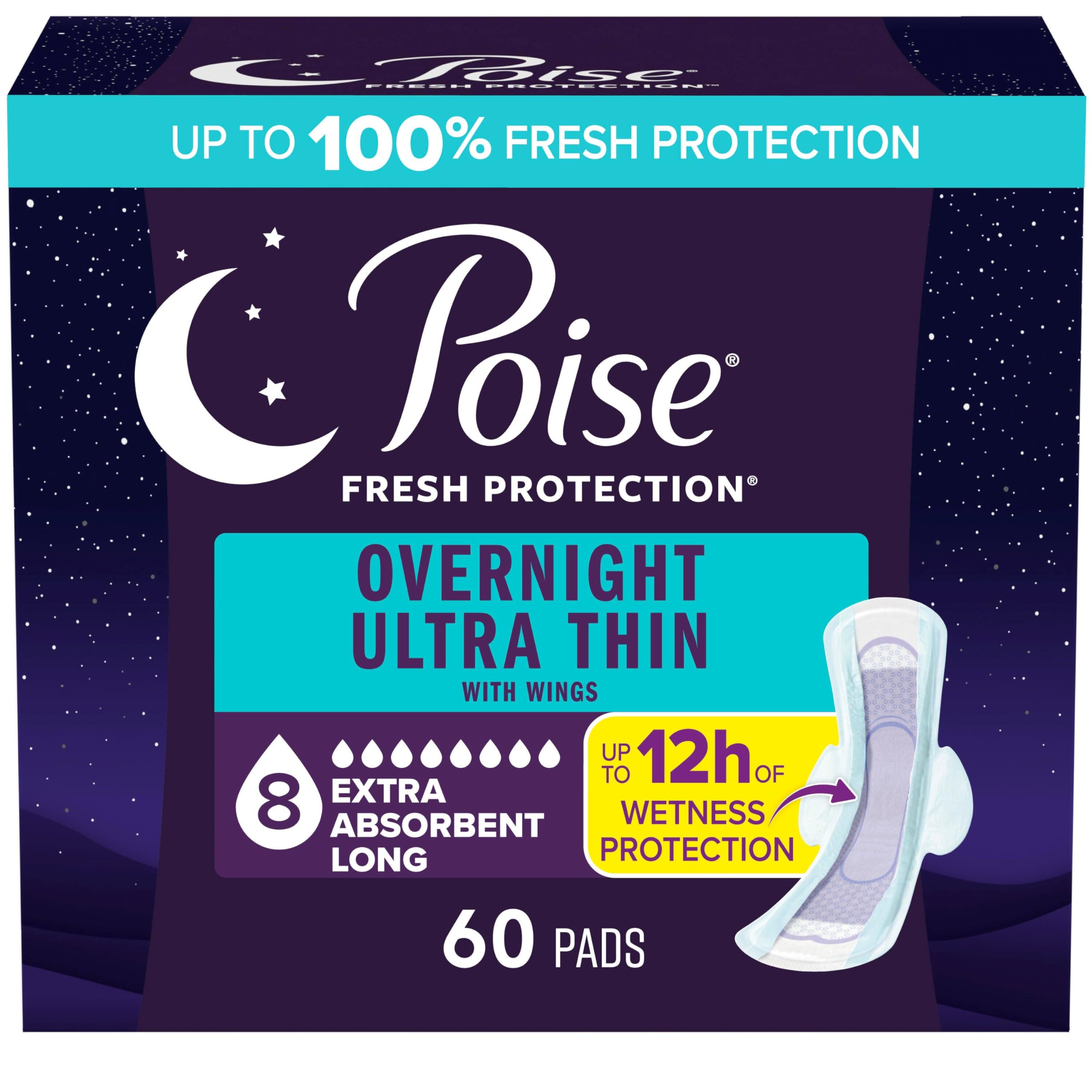 Photo 1 of Poise Overnight Ultra Thin Incontinence & Postpartum Pads with Wings for Bladder Leaks, 8 Drop Extra Absorbent, Long Length, 60 Count (3 Packs of 20)