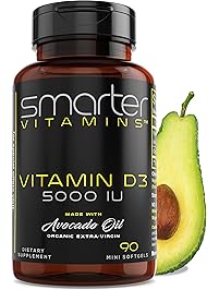 SmarterVitamins Vitamin D3 5000 IU - USDA Certified Organic Avocado Oil, 90 Mini Softgels, Non-GMO, Soy Free, Gluten Free, Supports Immune Function & Healthy Bones + Teeth