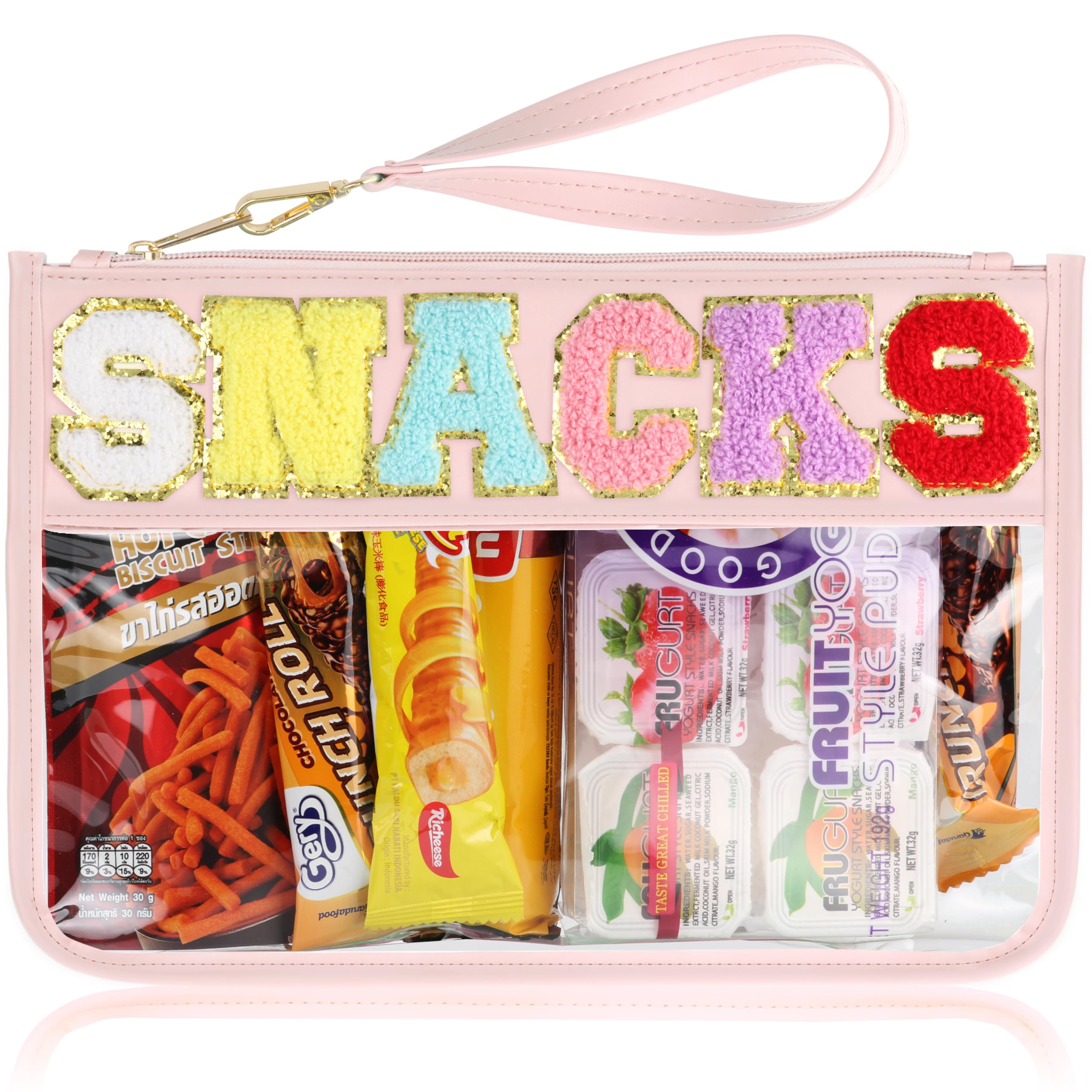 Photo 1 of TESAFNG Snack Bag for Travel - Clear Chenille Varsity Letter Flat Pouch with Zipper, Waterproof Clear PVC&PU Preppy Patch Makeup Cosmetic tote Bags for Women (Pinkish-Snack)