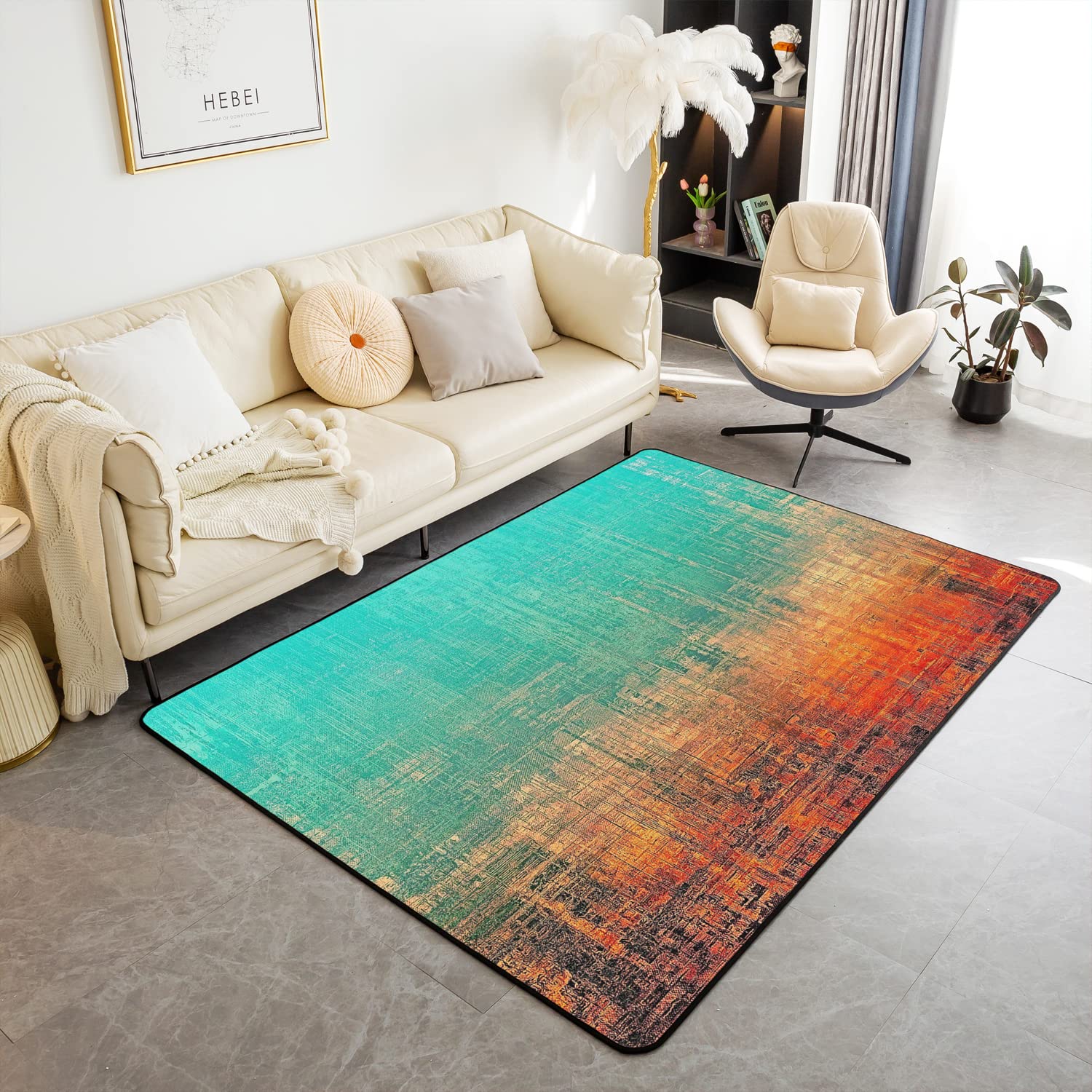 Loussiesd Grunge Abstract Art Area Rug Kids Teal and Orange Messy Rust Painting Rugs for Living Room Bedroom Women Men Modern Vintage Retro Carpet Accent Rug Floor MatDecor 150 * 200cm