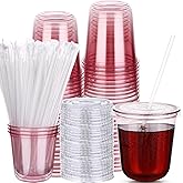 50 Sets Disposable Stemless Glasses with Flat Lids and Straws,PET Drinking Cups,Clear Plastic Coffee Cup for Iced Coffee, Smoothie, Cold Beverage, Drink Shop Christmas Party Supply (Pink, 12oz)