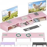 OPNICE Dual Computer Monitor Stand Riser, Desk Organizer with Drawer, Office Desk Accessories &amp; Workspace Organizers for Home Office Supplies, Pink