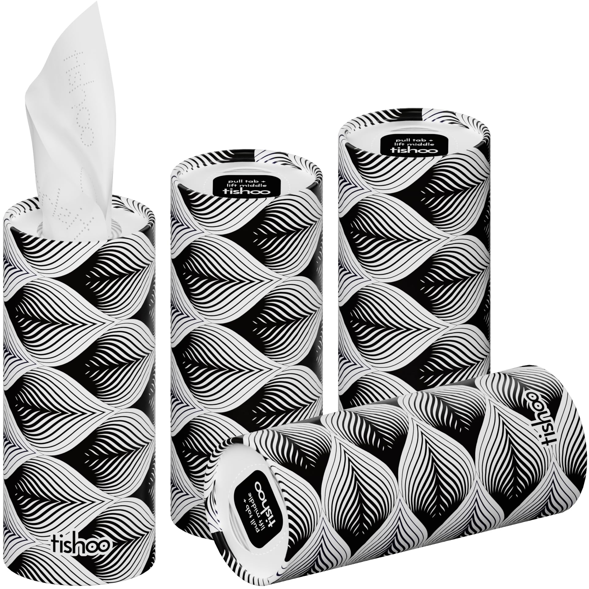 tishoo Hyaluronic Acid-Infused 4-ply Ultra Luxury Tissues | for Car Cup Holders, Home & Travel | 4 Tubes x 40 Sheets | Monochrome/Waves