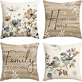 AVOIN colorlife Chinoiserie Poppy Flowers Chickadee Spring Home Sweet Home Throw Pillow Covers, 18 x 18 Inch Fall Autumn Family is Everything Decorations for Sofa Couch Set of 4