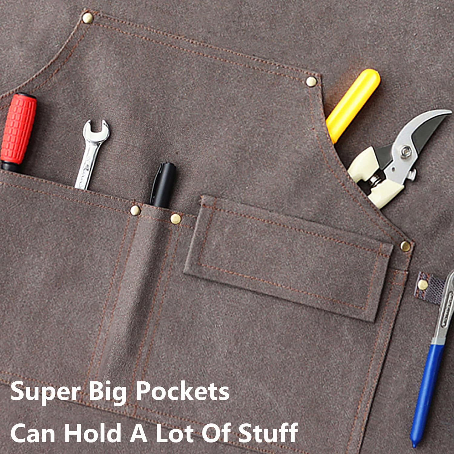 AFUN Work Aprons for Men with Large Pockets, Cotton Canvas Cross Back Heavy Duty Adjustable Tool Apron, Size M to XXL (Grey)