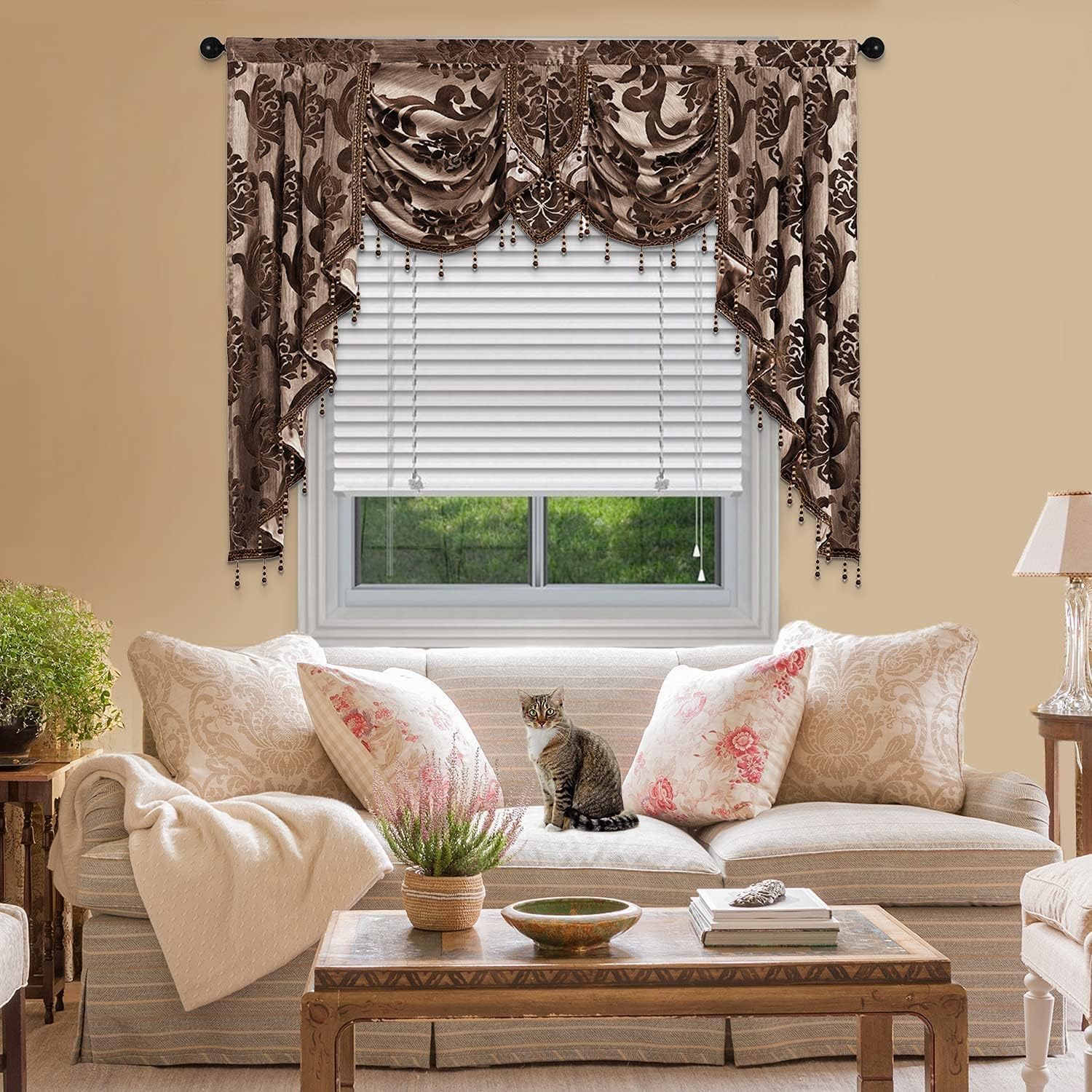 NAPEARL Window Valances for Living Room, Jacquard Luxury Valance Brown Rod Pocket Waterfall Valance with Swags, 61-Inch Wide