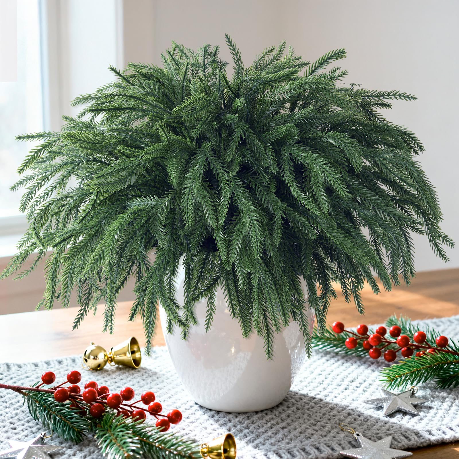 View 1 of 10 Pcs Christmas Norfolk Pine Stems Artificial Pine Branches, 16“ Real Touch Fake Christmas Greenery Stems, Faux Cedar Branches Picks for Vase DIY Crafts Garland Wreath Xmas Indoor Outdoor Home Decor