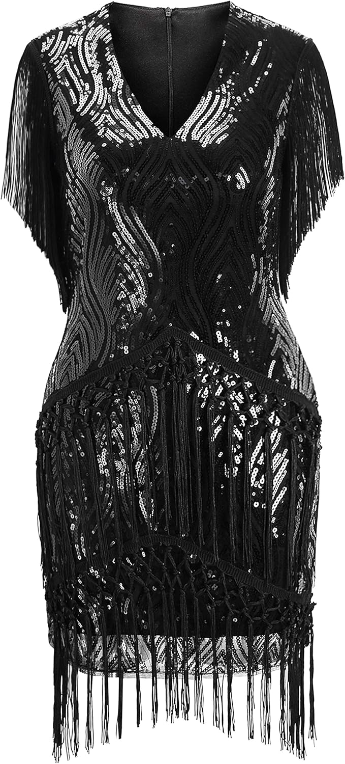 BABEYOND 1920s Flapper Dress Long Fringed Gatsby Dress Roaring 20s Sequins Beaded Dress Vintage Art Deco Dress: Clothing
